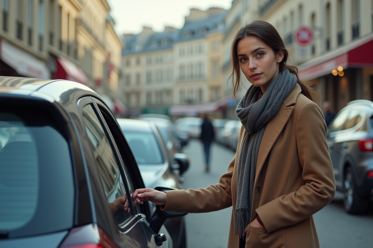 Jeune femme déverrouillant sa voiture dans un parking parisien