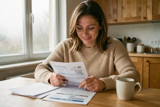 Femme consultant ses documents d'assurance auto à la maison et constatant une baisse de prime annuelle