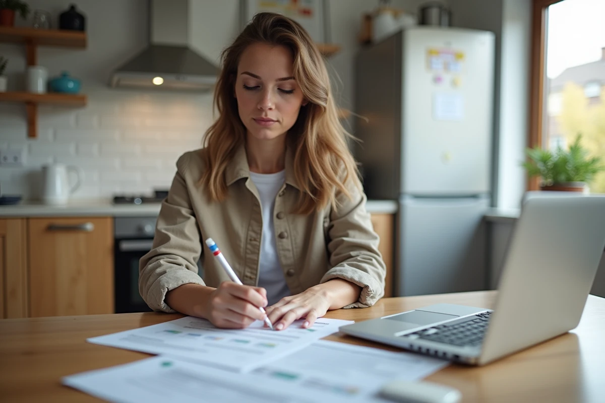 Femme prenant des notes avec documents de leasing à la maison