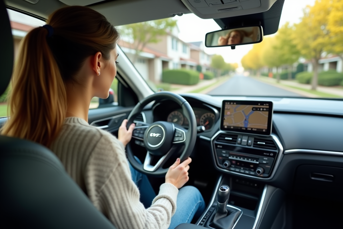 Jeune femme regardant un système de navigation dans sa voiture