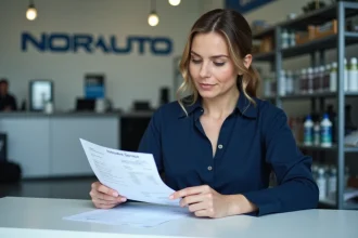 Femme examinant une facture de carte grise dans un centre Norauto