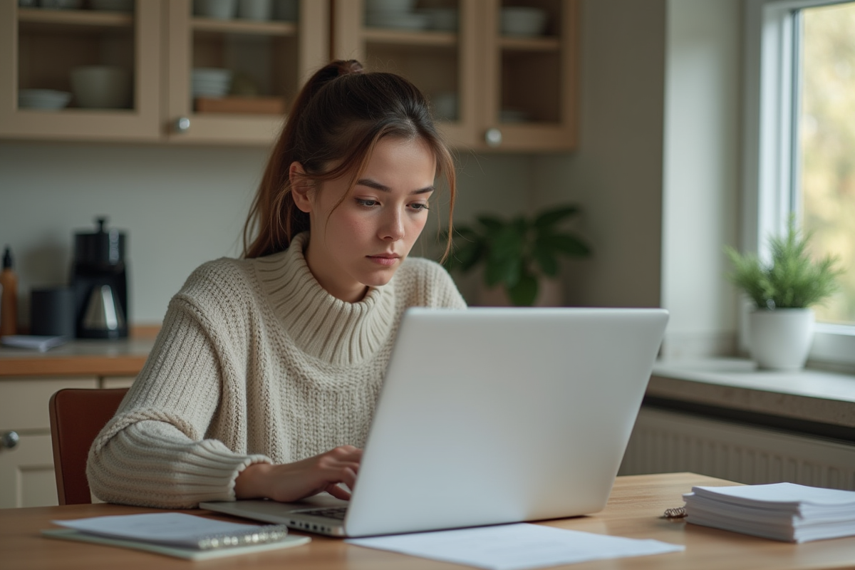 Jeune femme à la maison consulte des formulaires d