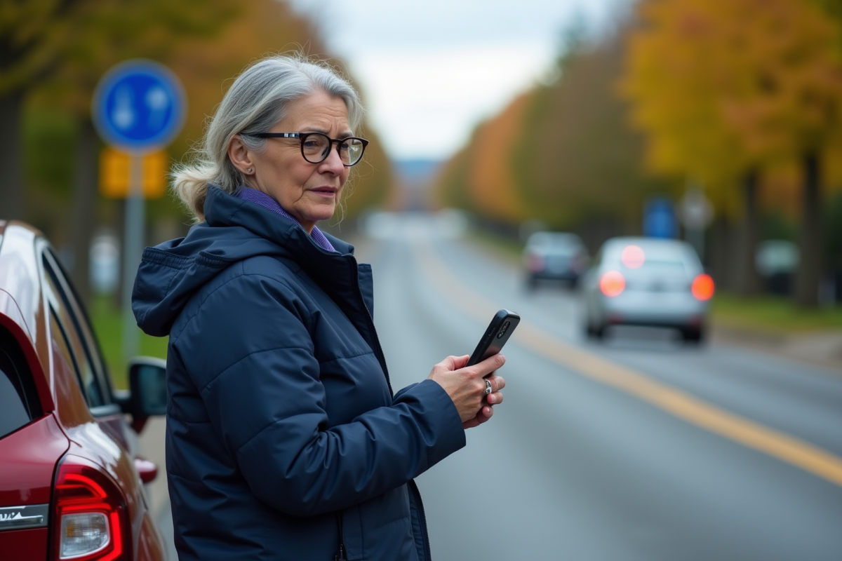 Femme avec GPS alert sur smartphone sur une rue de banlieue