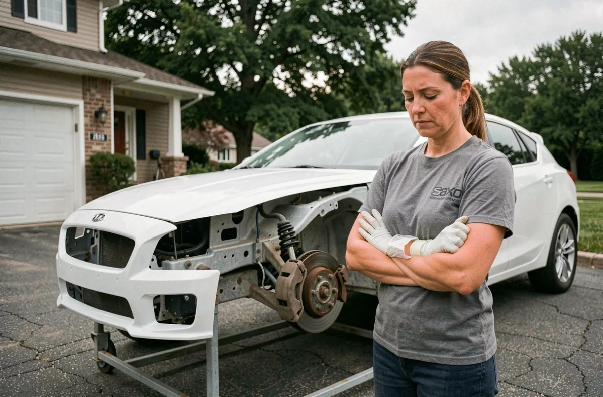Femme mécanicienne amateur inspectant un kit car Saxo presque terminé dans une allée résidentielle