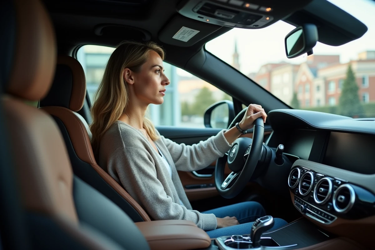 Femme dans l intérieur d une voiture de luxe pensant