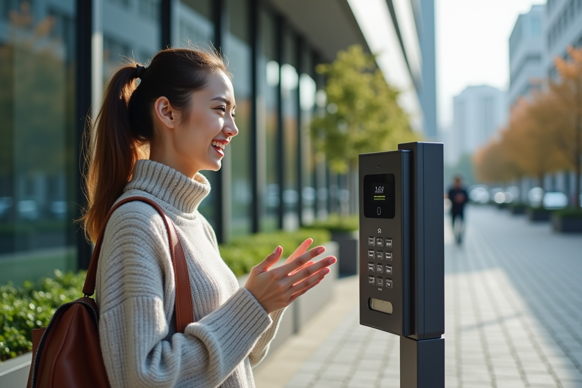 Jeune femme parlant à un interphone extérieur dans un bâtiment moderne