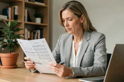 Femme en blazer gris lisant attentivement un contrat d'assurance VSP à son bureau à domicile