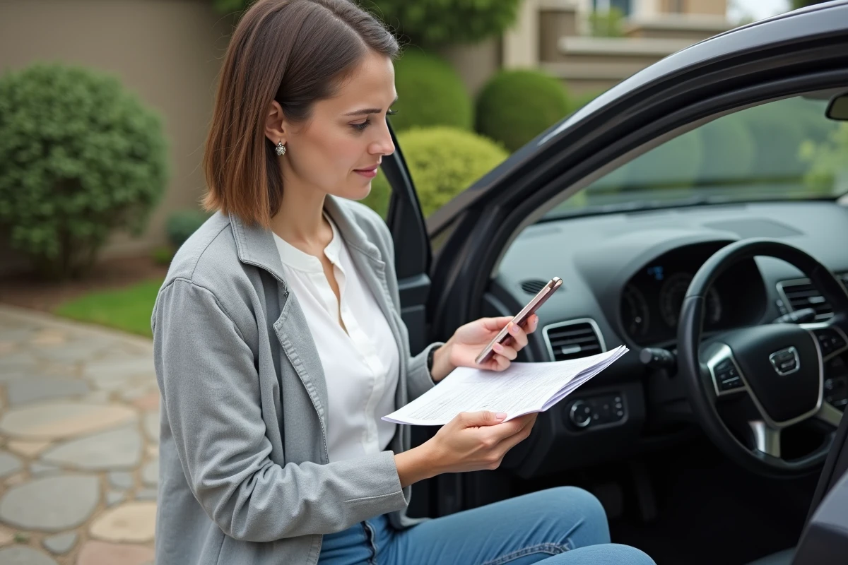 Femme vérifiant le manuel de radio de sa voiture dehors