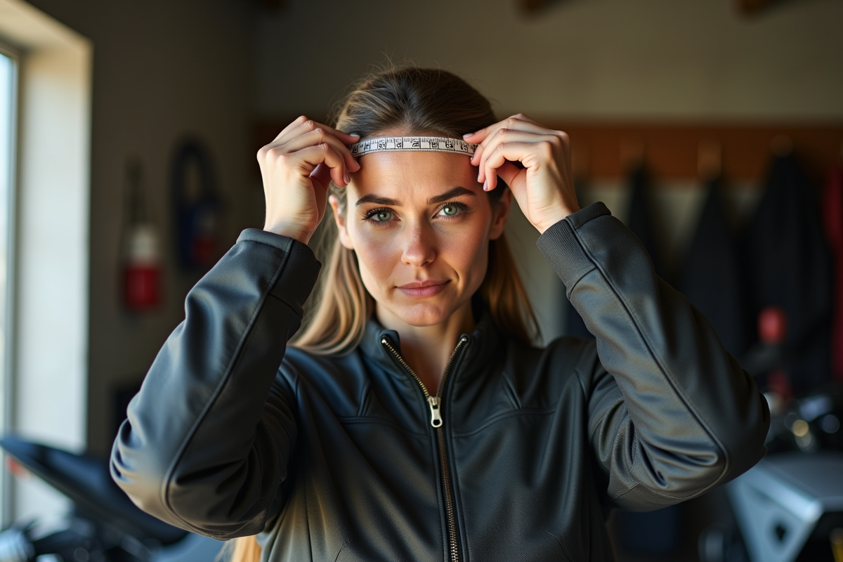 Femme mesurant sa tête avec un ruban dans un garage moto