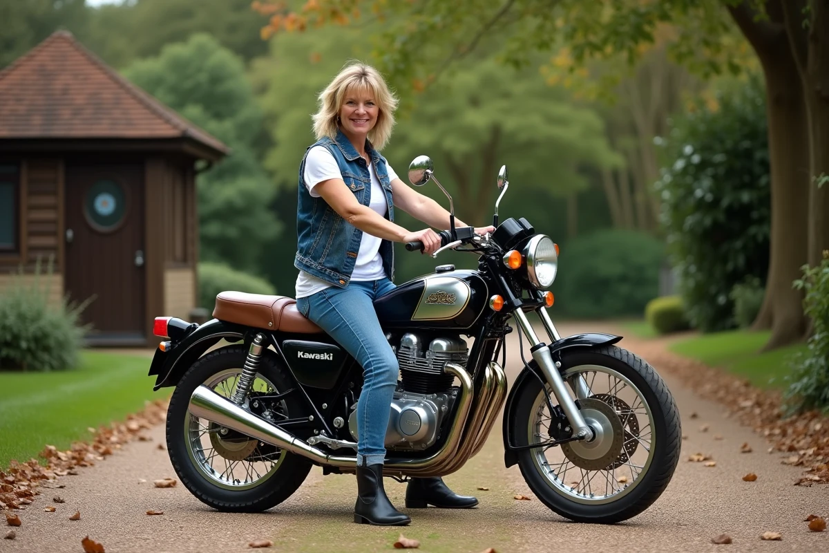 Femme assise sur sa Kawasaki KZ 400 dans un jardin rural