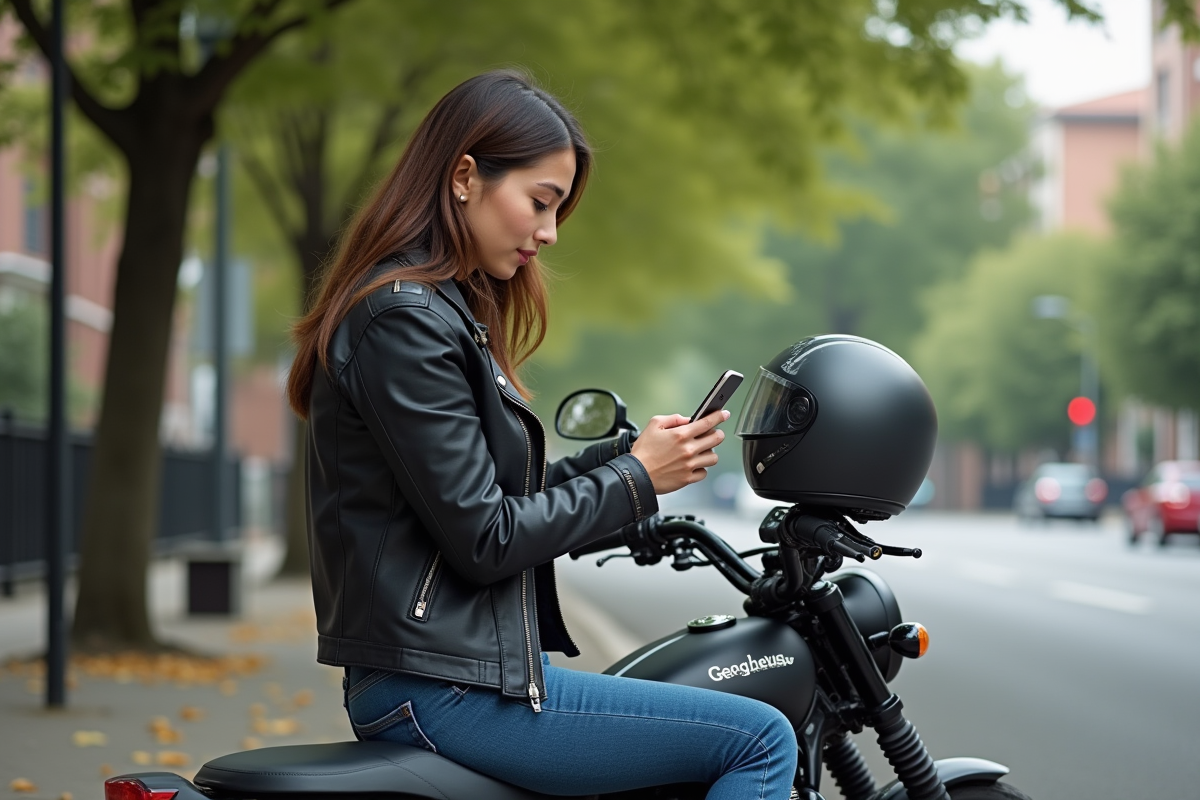 Jeune femme sur sa moto utilisant l'application Waze