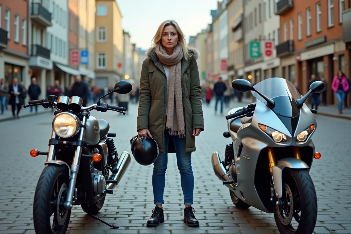 Femme avec casque entre motos en ville animée