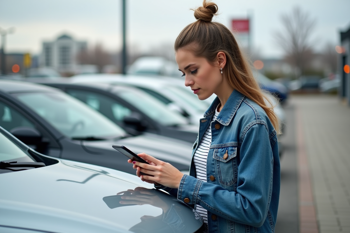 Femme utilisant une application de paiement sur smartphone devant une voiture
