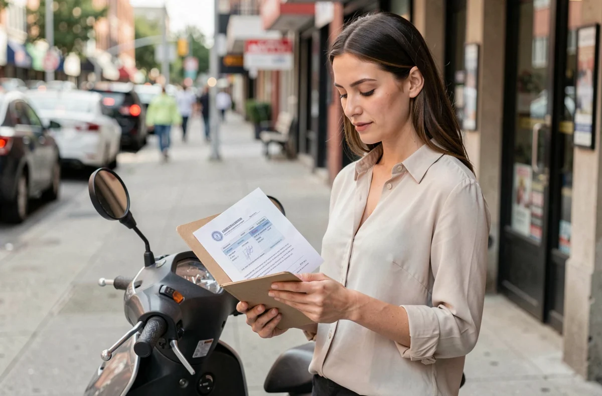 Femme tenant des papiers d'assurance devant son scooter en ville