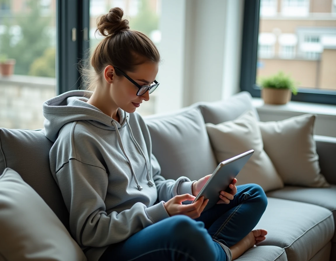 Femme consultant le PDF officiel des questions du permis de conduire 2026 sur une tablette dans un salon moderne