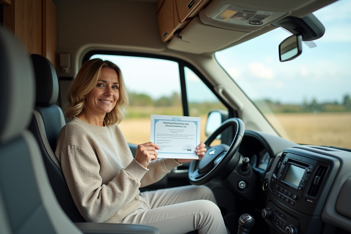 Femme dans le motorhome montrant son permis de conduire