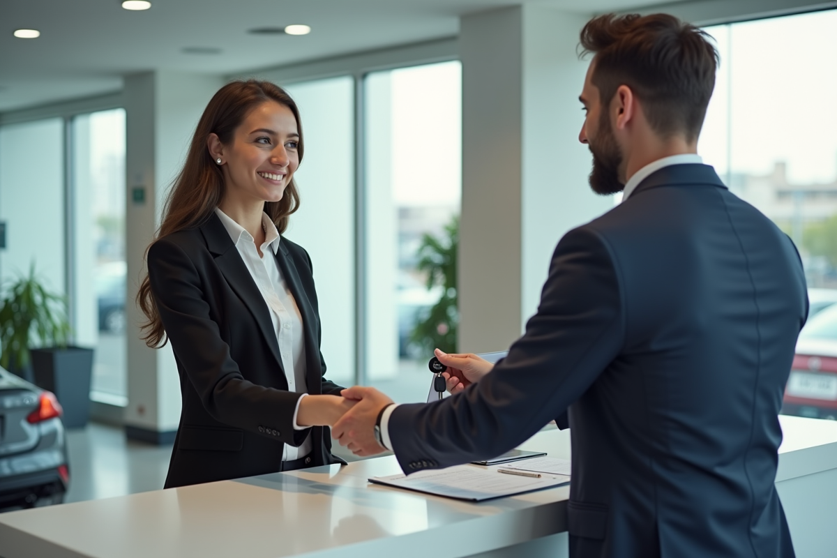 Femme souriante recevant des clés de voiture à un comptoir de location