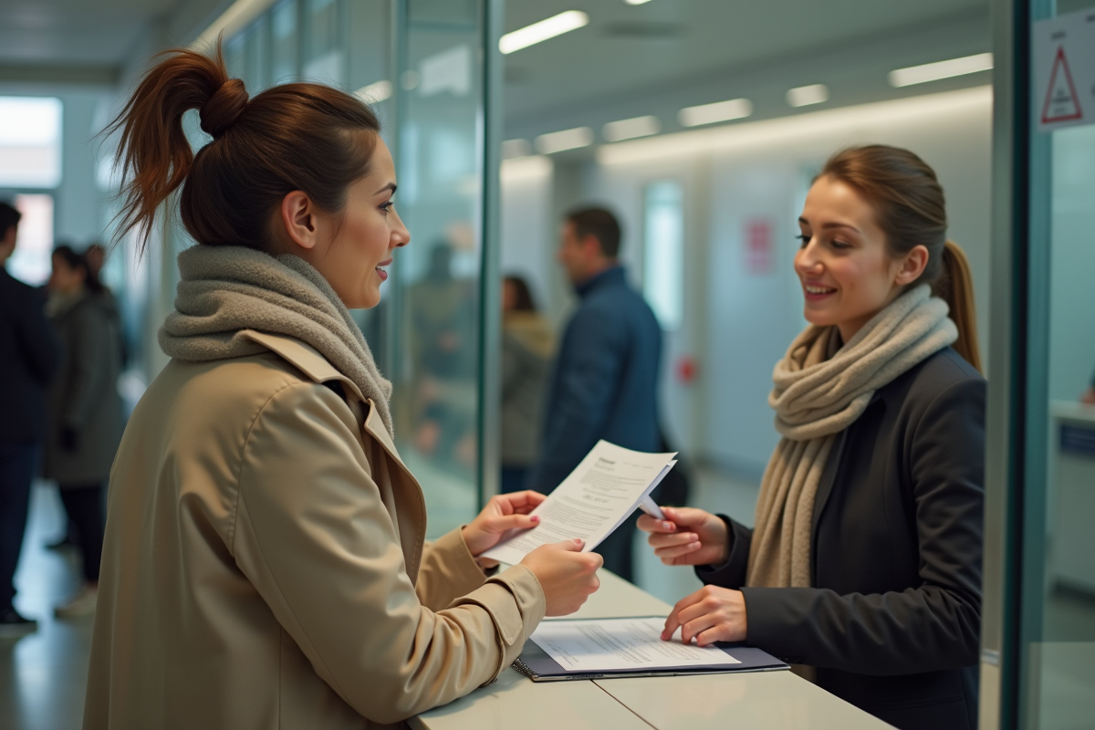 Jeune femme remettant ses documents à une agente à la mairie