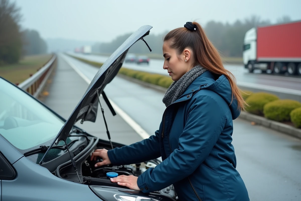 Femme vérifiant le moteur de sa voiture au repos sur l