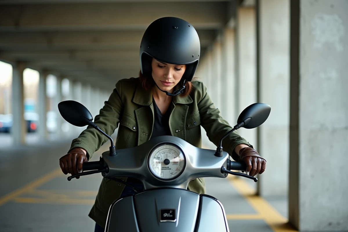 Femme consultant le tableau de bord numérique d'un scooter 125cc gris dans un parking souterrain