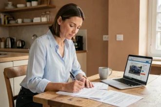 Femme signant des documents de résiliation d'assurance auto à la maison