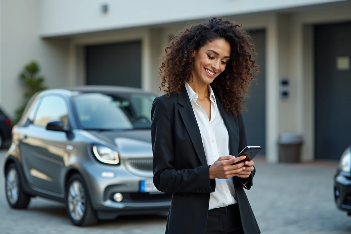Femme souriante vérifie des avis sur son smartphone à côté de sa voiture
