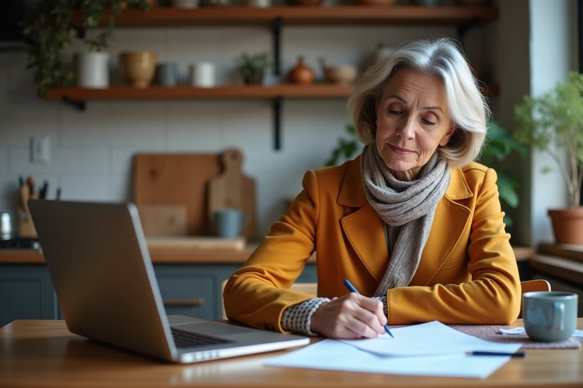 Femme travaille à la maison avec papiers et ordinateur