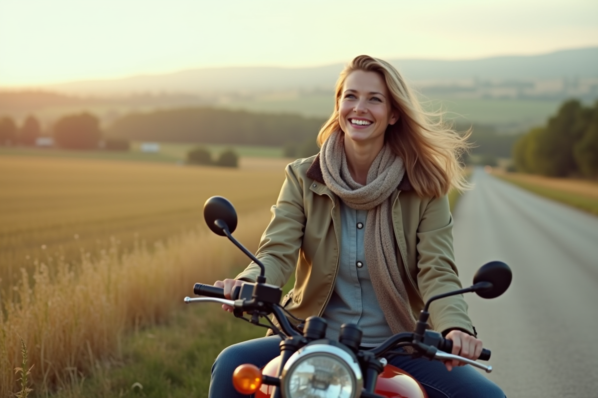 Femme souriante sur trike en campagne avec paysage rural