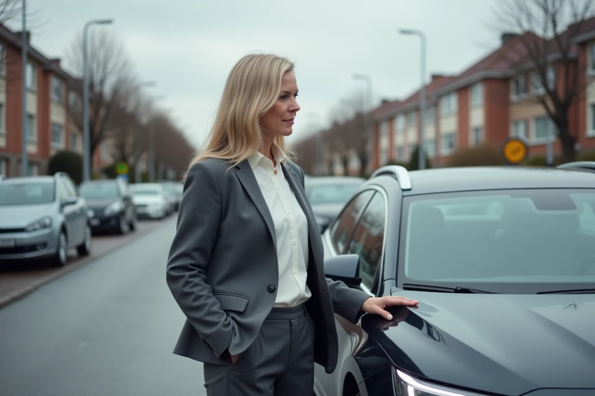 Femme debout à côté d'un véhicule adapté dans un parking suburban, illustrant les solutions de conduite avec restrictions médicales pour le code 79 du permis
