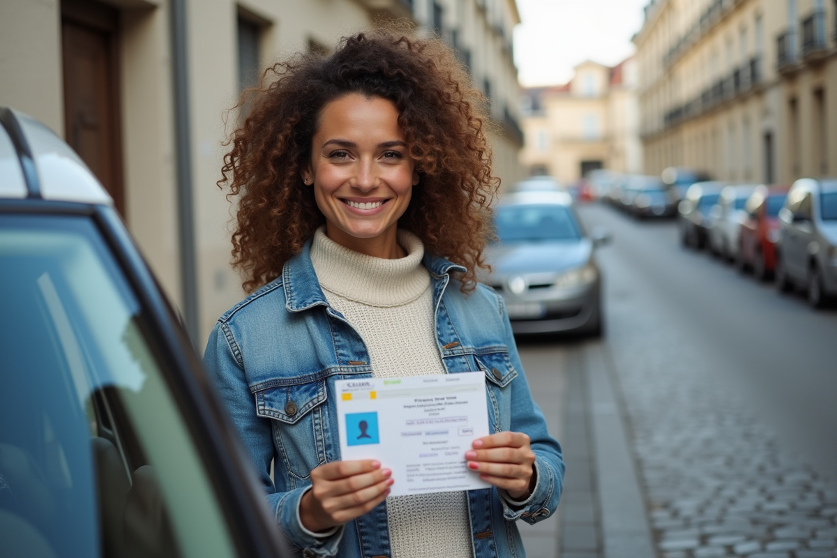 Femme vérifiant ses documents de voiture en extérieur