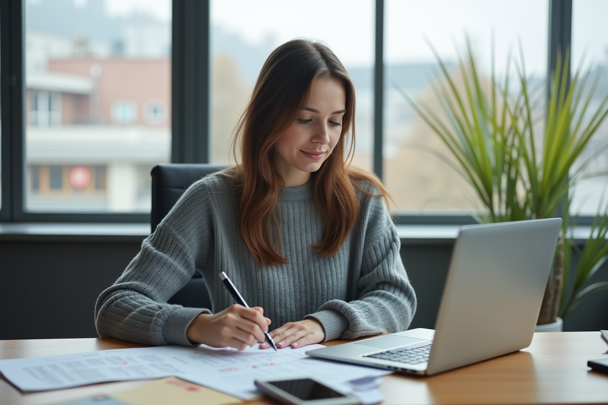 Jeune femme remplissant formulaire de vente dans un bureau