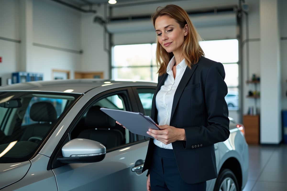 Femme en tenue professionnelle vérifiant des papiers près d'une voiture en concession
