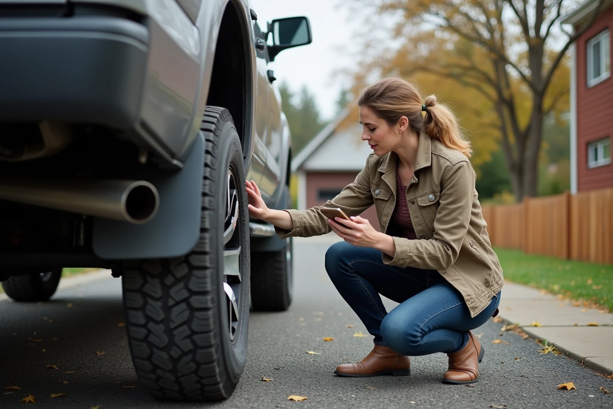 Femme consultant les marquages de charge d'un pneu de 4x4 dans une allée résidentielle