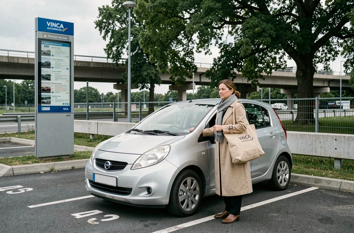 Femme verrouillant sa voiture dans un parking de covoiturage Vinci Autoroutes avant un trajet longue durée