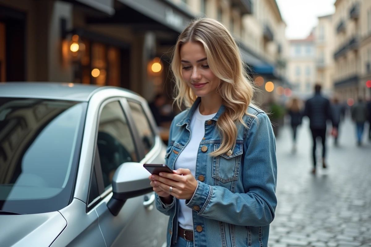 Femme regardant sa voiture en consultant ses reviews