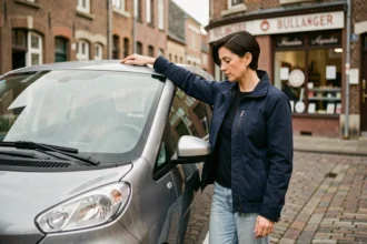 Femme examinant une voiture sans permis garée sur une rue pavée à Amiens
