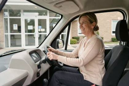 Une femme de cinquante ans au volant d'une voiture sans permis électrique compacte garée devant un bâtiment administratif