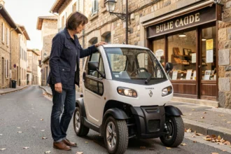 Femme examinant une voiture sans permis dans une rue de Tarbes avec des façades en pierre en arrière-plan
