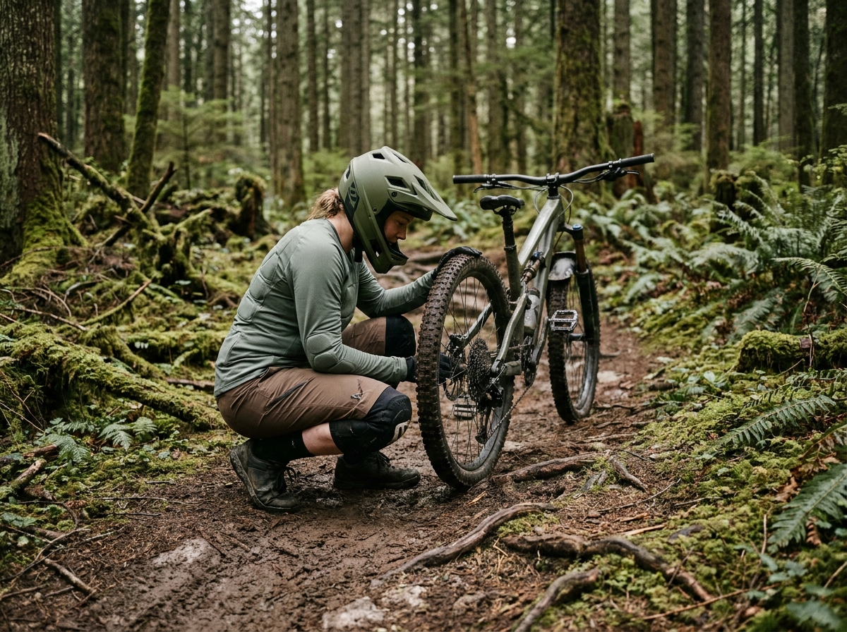 Femme vététiste en équipement complet de protection sur sentier forestier
