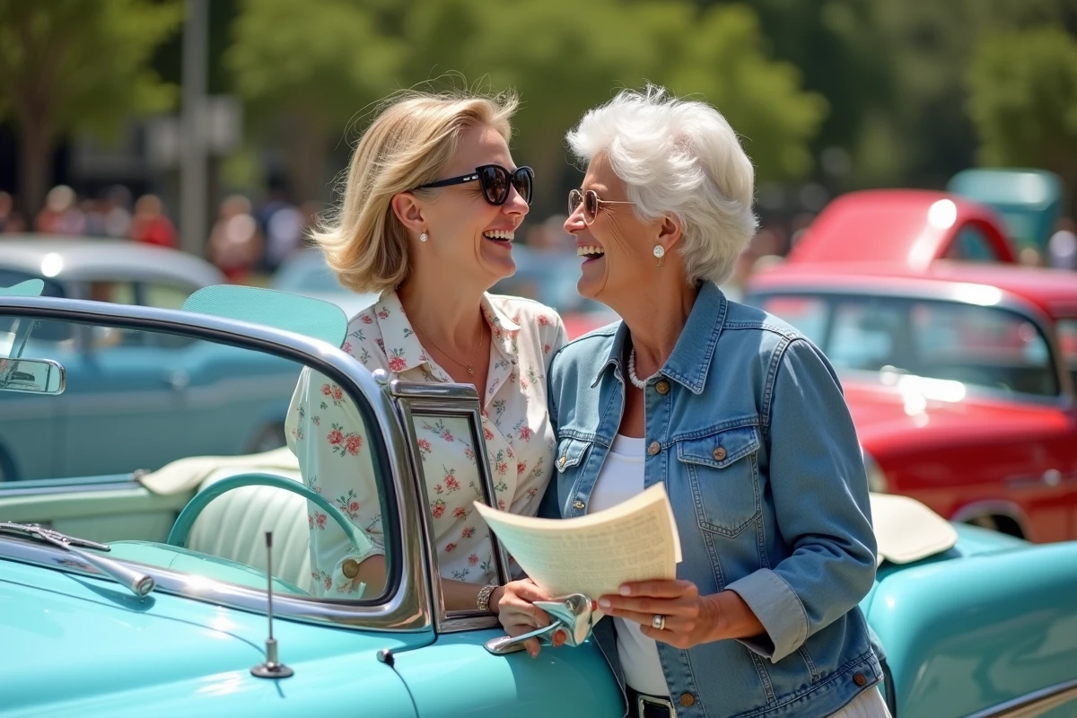 Deux femmes passionnées d'automobiles discutant devant une décapotable des années 50 lors d'un salon automobile du week-end