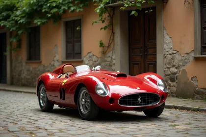 Ancienne Ferrari rouge des années 1950 garée sur des pavés italiens devant un bâtiment en pierre historique, symbole des origines de la marque Ferrari