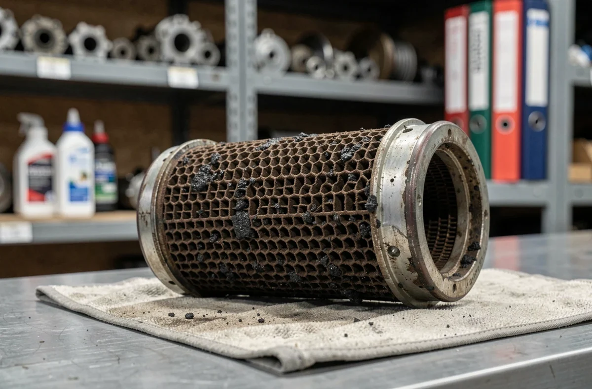 Filtre à particules FAP de moteur diesel 1.5 dCi Renault posé sur un établi de garage pour inspection