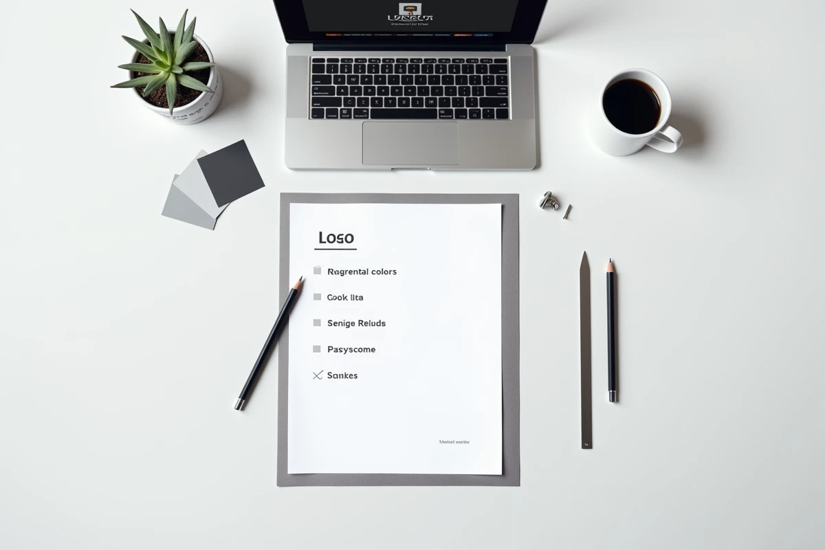 Vue aérienne d'un poste de travail graphique avec liste de contrôle technique de logo DAF, logiciel vectoriel et éventail de couleurs sur table à dessin blanche