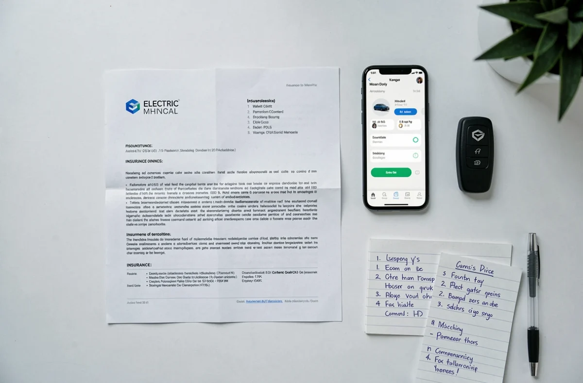 Flat lay de documents d'assurance pour voiture électrique avec smartphone et clé de véhicule sur un bureau