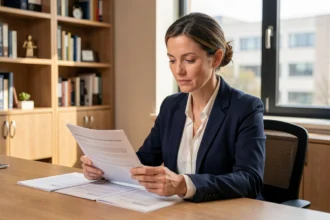 Fonctionnaire examinant son contrat d'assurance voiture à son bureau