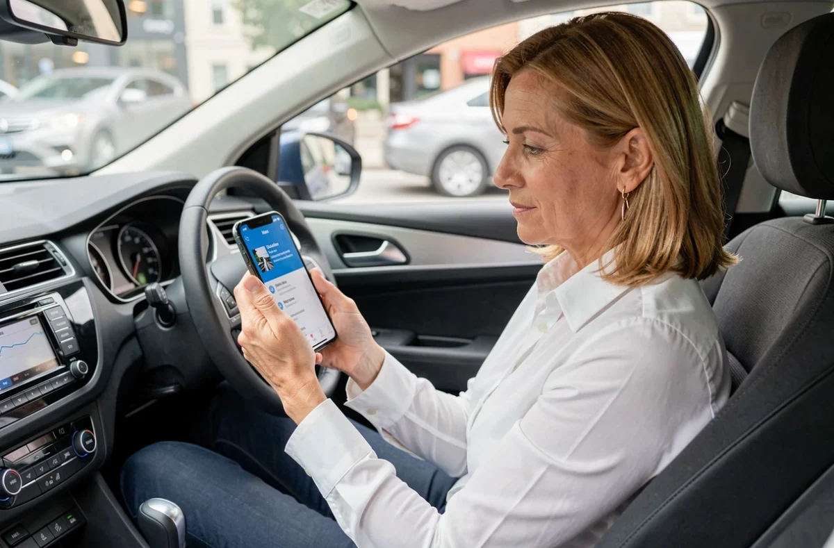 Fonctionnaire comparant des offres d'assurance auto sur son smartphone dans sa voiture