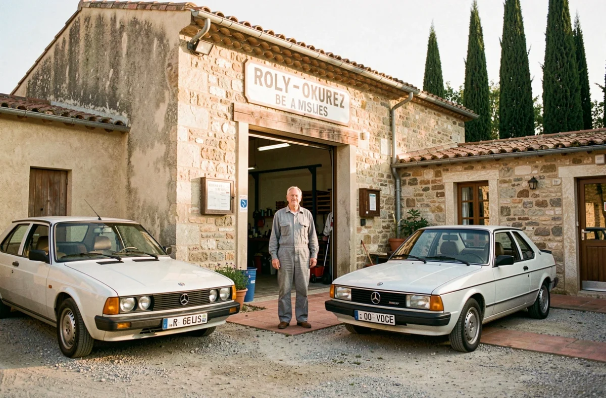 Façade du Garage de la Bouverie avec un mécanicien devant des véhicules d'occasion dans un cadre provençal
