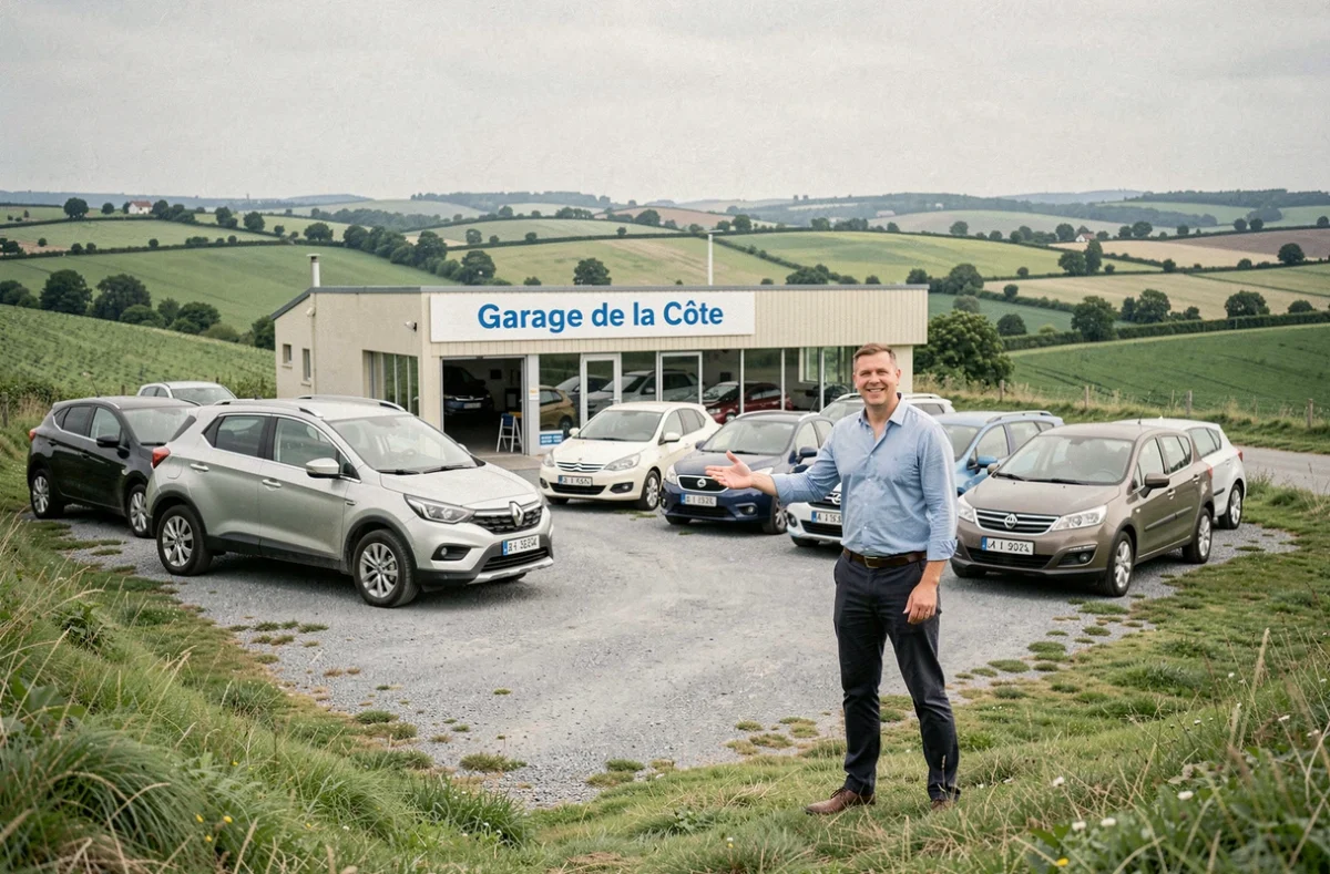 Lot de voitures d'occasion du Garage de la Côte sur une route en légère pente dans la campagne de l'Oise avec un vendeur accueillant