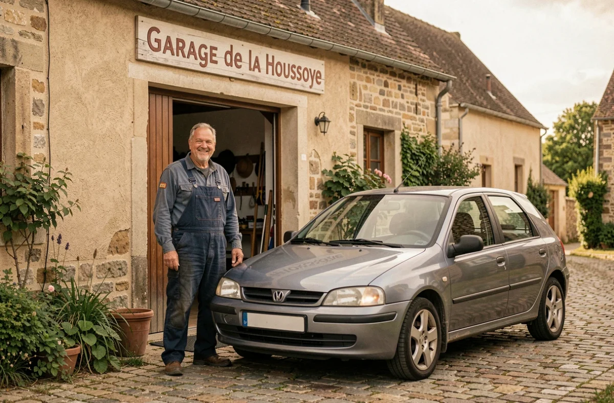 Façade du Garage de la Houssoye avec un mécanicien en bleu de travail devant un véhicule d'occasion dans un village de l'Oise
