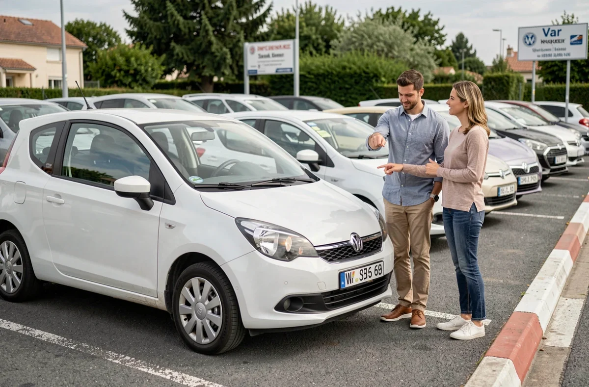 Vendeur du Garage KNM présentant une voiture d'occasion à des clients dans un espace de vente extérieur